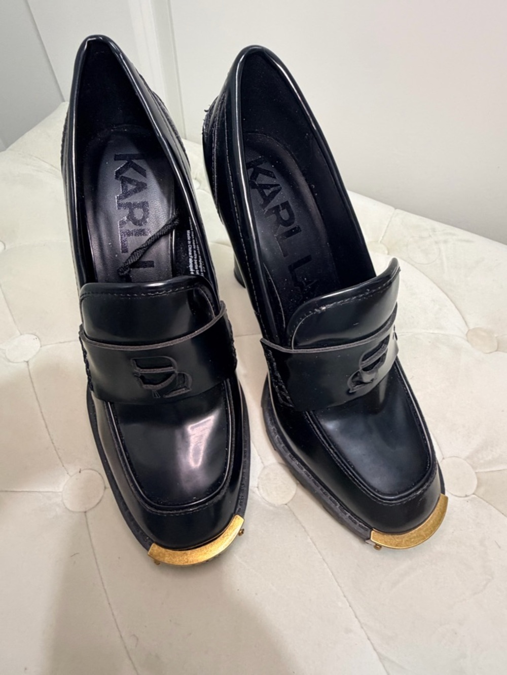 Karl Lagerfeld Black Leather Loafers with Gold Toe Caps